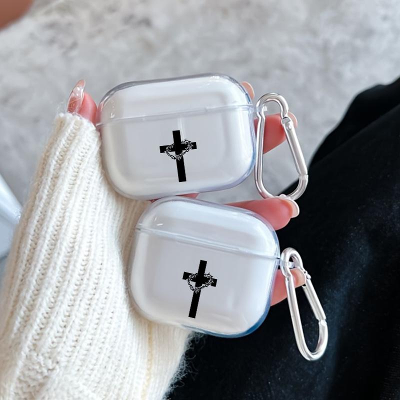 Cross Thorns Pattern Protective Case for AirPods 4/3/2/1/Pro/Pro2 Soft TPU Earphone Cover, Transparent with Keychain