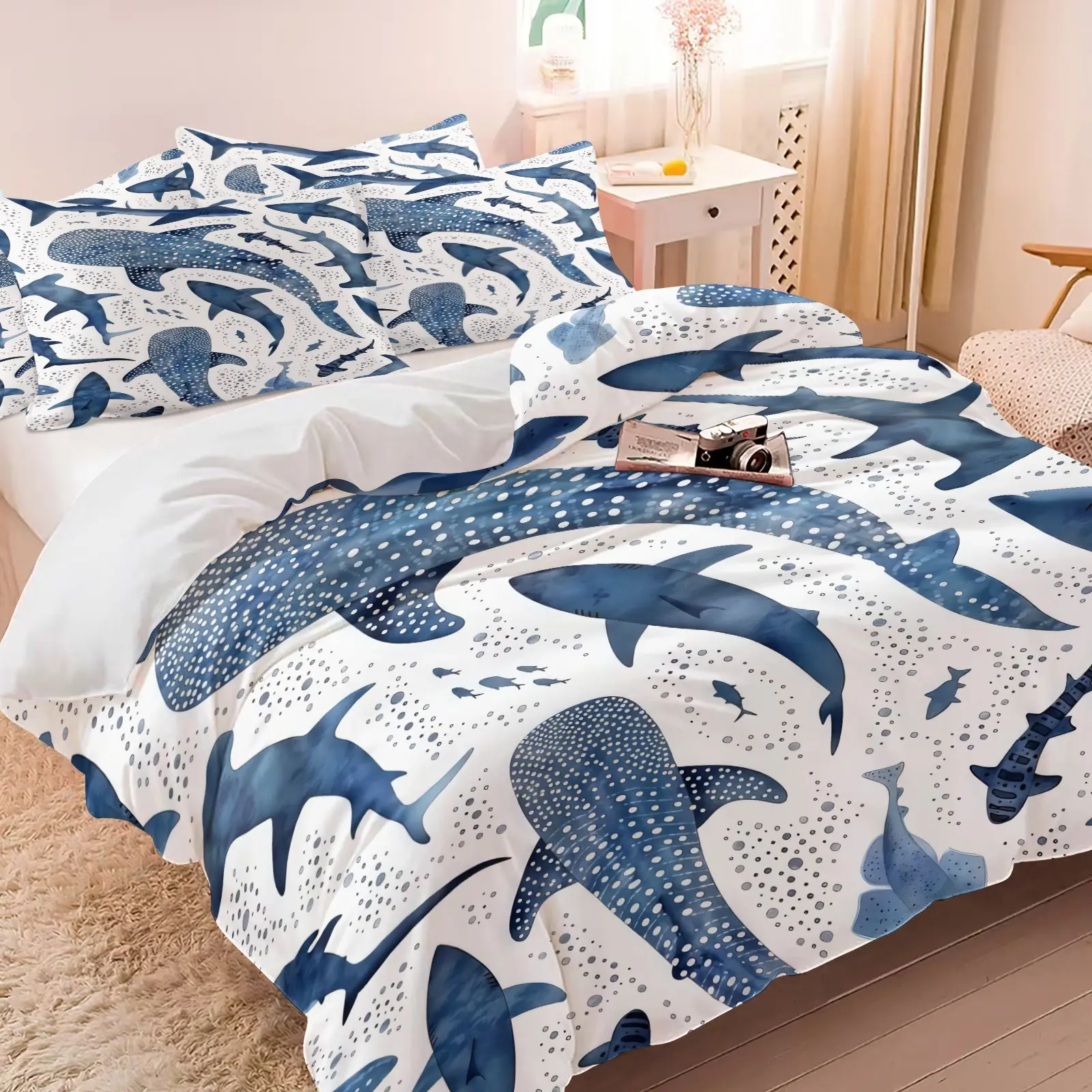 Watercolor Whale Shark Print 3-Piece Decorative Duvet Cover Set, Ultra-Soft Microfiber Bedding with 1/2 Pillowcases (No Insert), Ocean Themed Bedding for Kids Teens Bedroom Decor