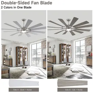 62/72in  Large Industrial Ceiling Fan with Light, 12 Wood Blades, Dual- Finish