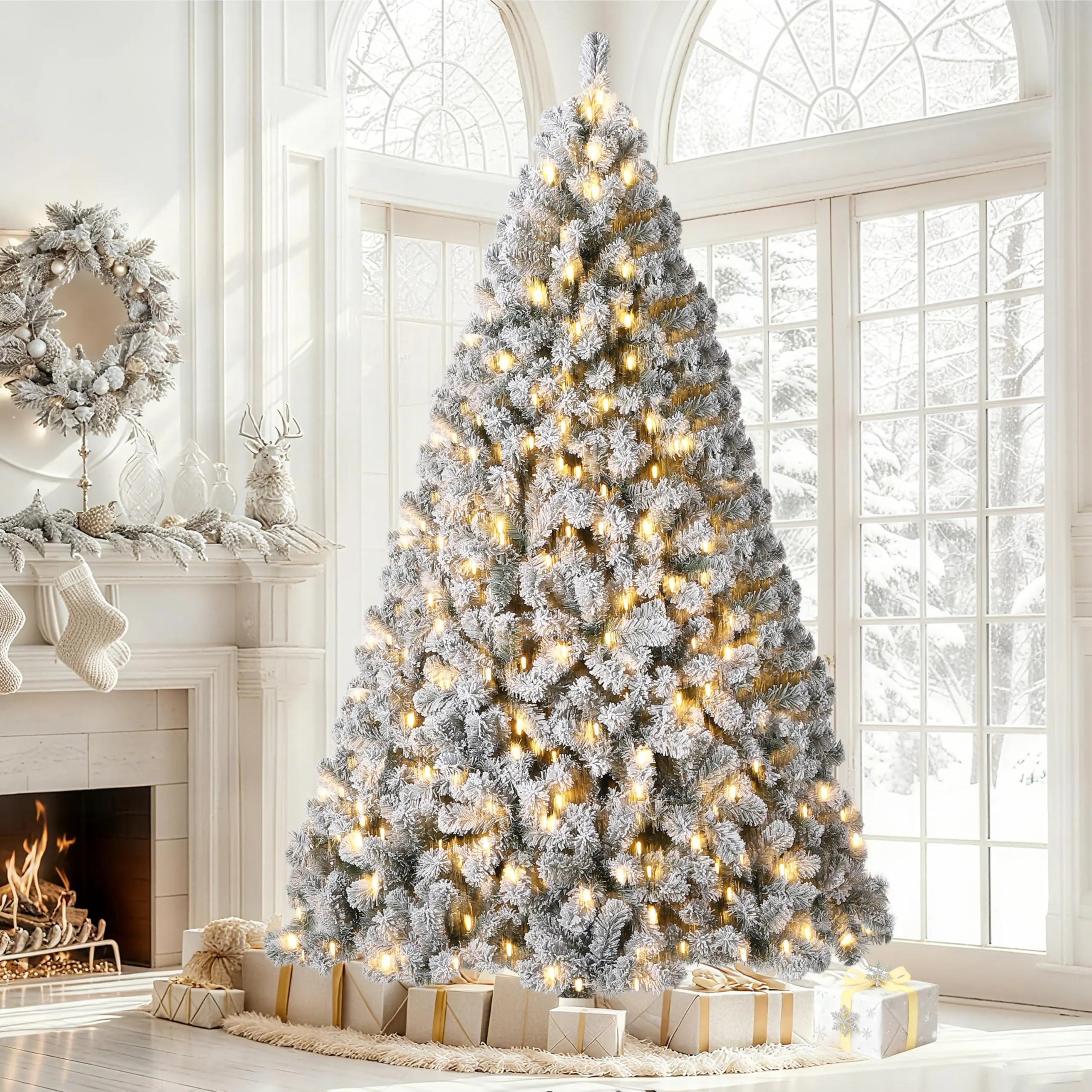 4.5/6/7.5/9FT Snow Flocked Pre-Lit Christmas Tree with 250 Warm White Lights,710 Lush Branch Tips & Quick-Assembly Hinged Design, Full Artificial Xmas Tree for Winter Holiday Décor, Green & White