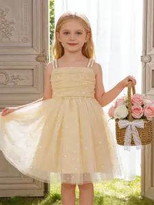 Toddler Girl's Glitter Floral Decor Tulle Overlay Dress, Elegant Cake Smash Party Dress for Girls, Kids Clothes for All Seasons, Spring Summer Dress