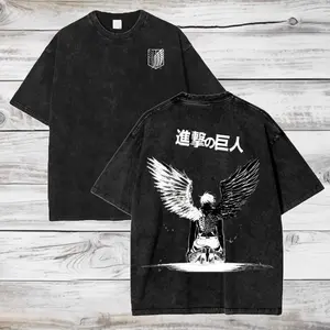 Attack on Titan AOT Wings of Freedom Double Printed Vintage Washed Cotton T Shirt Unisex Oversized Streetwear Loose Fit Casual Graphic Tee Retro Aesthetic Daily Outdoor Party Fashion Top Ideal Gift for Anime Manga Fans Menswear Tshirt - Love, Birthday