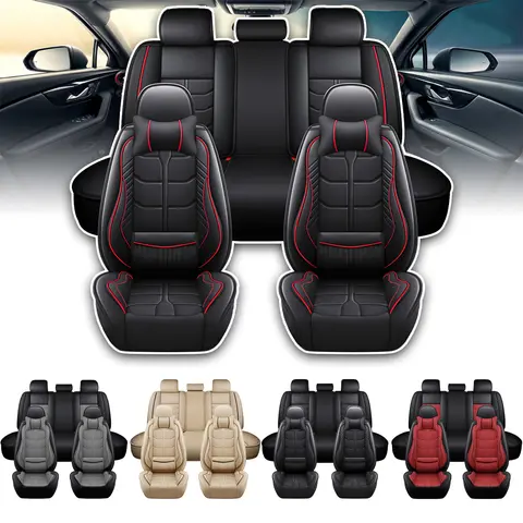 5-Seats Full Set Car Seat Covers,Luxury Waterproof Nappa Leather Cushion Protectors,40/60 Split Front and Rear Bench Seat,Full Surround Car Interior Cushions,Universal Fit for Cars Sedans SUVs-(Black/Red Line)