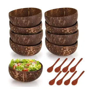 8 Pack Coconut Bowls and Wooden Spoon Sets, 15 Oz Polished Coconut Shell Bowls Set for Salad, Smoothie, Fruit