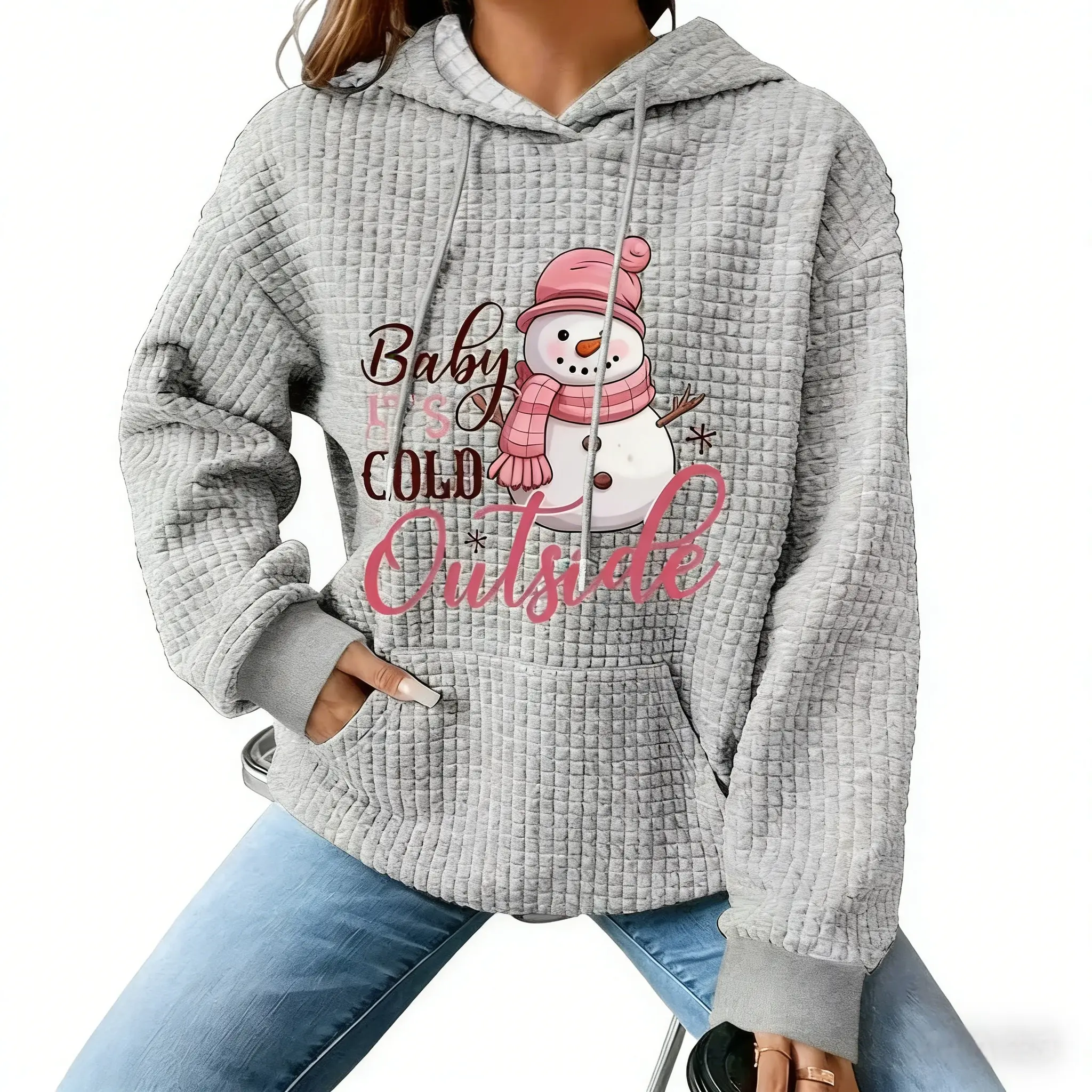 Cute Tops for Women Funny Cartoon Snowman Graphic Hoodie Soft Waffle Knit Long Sleeve Hoodies sweatshirt Casual Relaxed Fit Pullover Daily Wear