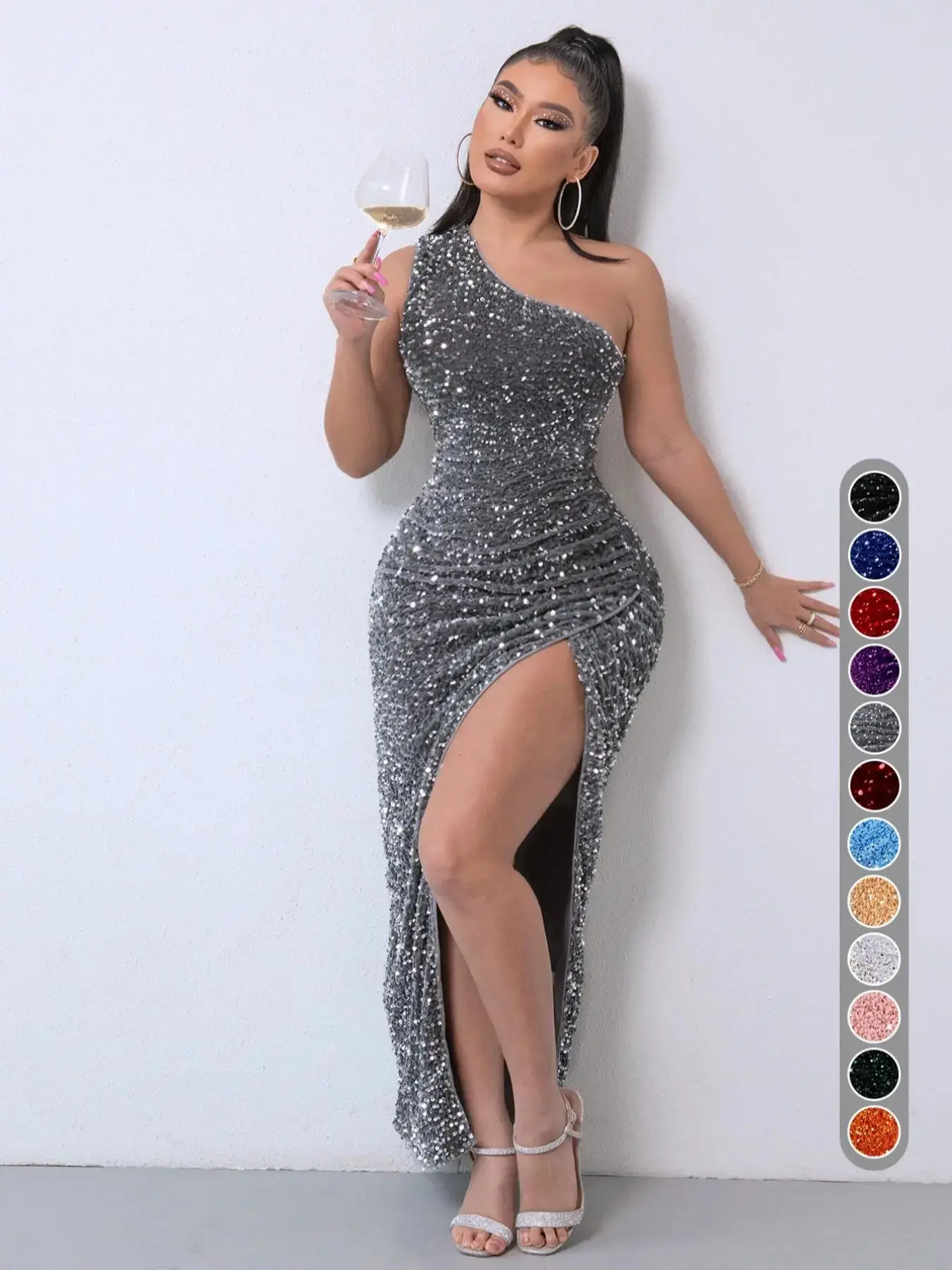 Women's Glitter Sequin One Shoulder Ruched Split Thigh Bodycon Dress, Elegant Sleeveless Embellished Summer Dress, Elegant Chic Party Sparkly Long Evening Glam Gown, Formal Wear