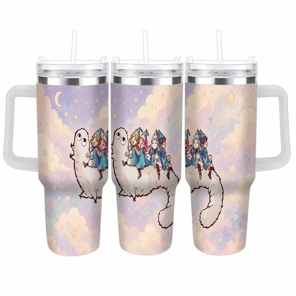 Dreamy Fantasy Creature Travel Car Cup (40oz/30oz) Anime Friends Flying Among Stars Print Insulated Stainless Steel Tumbler Durable Spill Proof Design Perfect For Office Travel Hiking Gift Idea