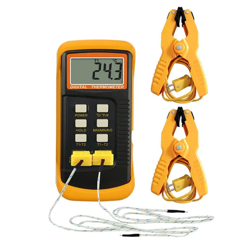 Dual Channel K Type Digital Thermocouple Thermometer with 4 Probes | High-Temperature Measuring Tool, -50 to 1300 C Range, C, F, K Modes, MAX/MIN/AVG, T1-T2 Differential, Clamp and Bead Probes