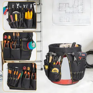 Bucket Tool Bag Fits 30cm Diameter, Heavy Duty Oxford Fabric Tool Organizer with Multi-Pockets & Loops, Black Tote for Workshop Garage Construction