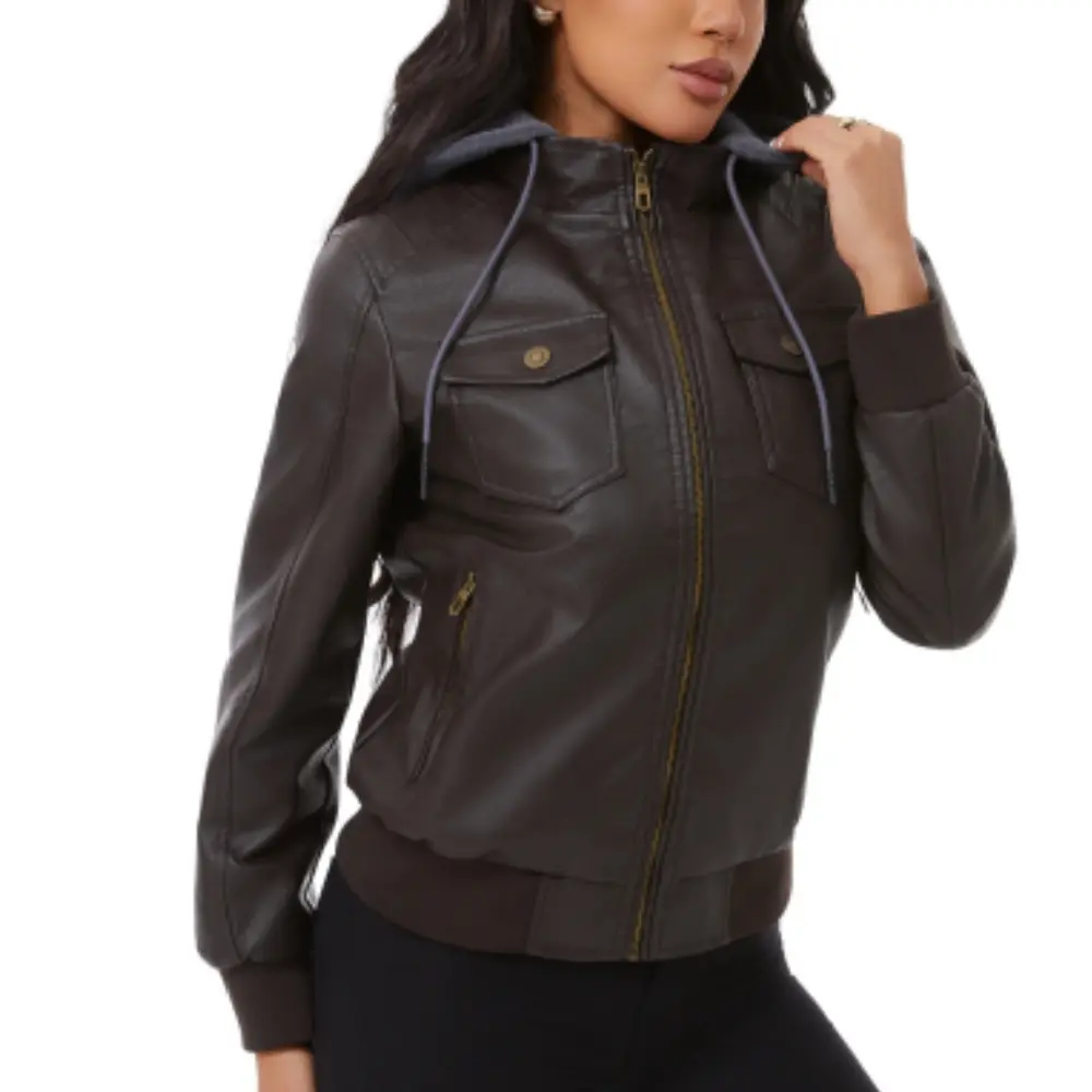 Women's Faux Leather Jacket Waterproof Motorcycle Bomber Vintage PU Moto Biker Coat with Fleece Lining & Removable Hood for Outdoor Activities