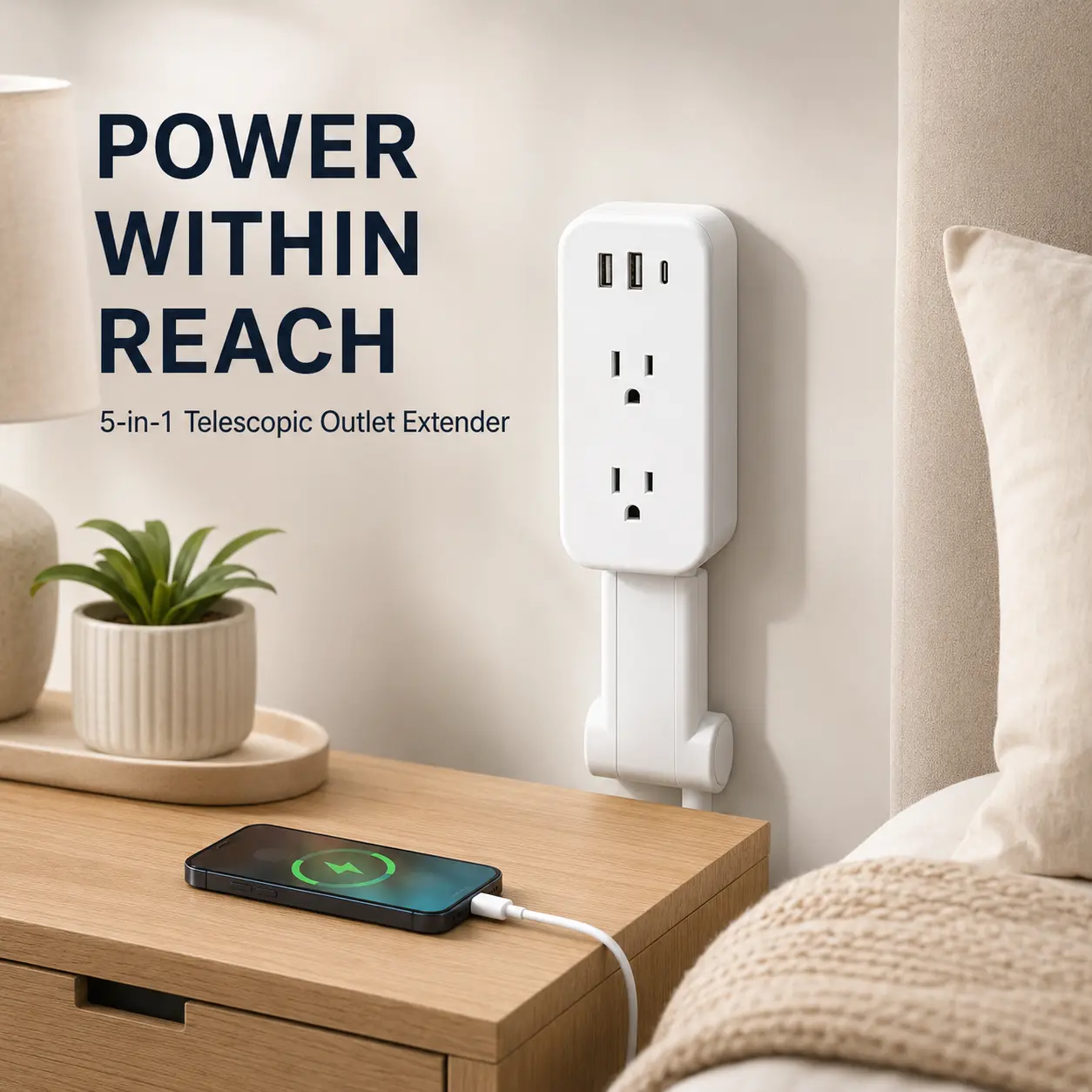 5-in-1 Telescopic Outlet Extender, 22–34 Inch Adjustable Power Strip with 2 AC Outlets, 2 USB-A Ports, USB-C Port and 180° Rotating Plug for Bed, Sofa, Desk, Dorm and Office