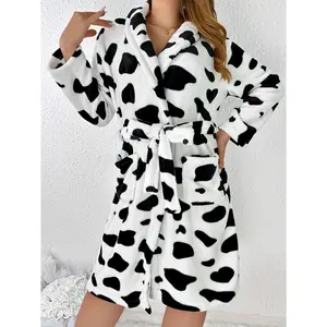 Elegant Women's Cowhide Print Fluffy Nightgown Long Sleeved Robe with Belt & Pocket Soft Loungewear for Cozy Nights
