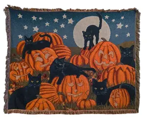 Halloween Home Decor Pumpkin Black Cat Blanket Throw Cotton Polyester Tapestry Halloween Gift