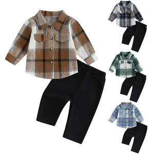 Meihuida Toddler Baby Boys Fall Winter Outfits Plaid Flannel Jacket Button Down Shirts Pants 2Pcs Clothes 6M-4T