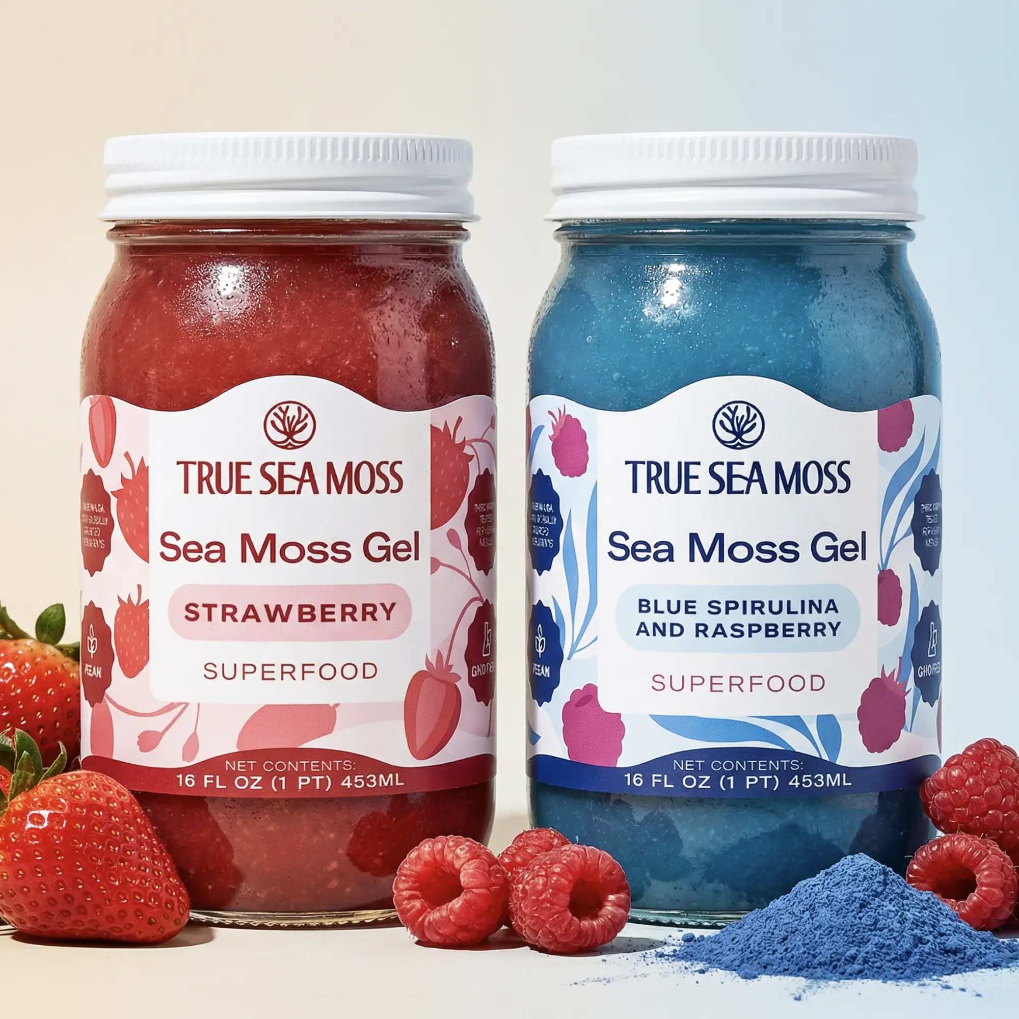 True Sea Moss Gel 2-Jar Bundle: Blue Spirulina-Raspberry & Strawberry – Rich in Essential Minerals & Vitamins – supports overall vitality
