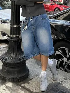 Men's Denim-Effect Print Shorts, Loose Casual Comfy Jean Shorts for Daily Wear, Woven Bottoms for All Seasons