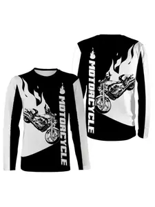 Versatile Long Sleeve Cycling Jersey, Geometric Print MTB Shirt, Long-Sleeved Black and White Cycling Suit with Motocross Print for Speed. To the Love of Motocross Riders, Fitted Style, All Season Wear
