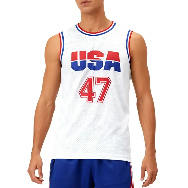 Men's 47 USA Trump Basketball Jersey with Embroidery Detail - Breathable Mesh Fan Merchandise for Outdoor Training, White, Sizes S-XXL, Thanksgiving, Male, Do Not Dry Clean, Machine Washable, Cold Wash, Sleeveless, Mesh Ventilation, Embroidered Logo