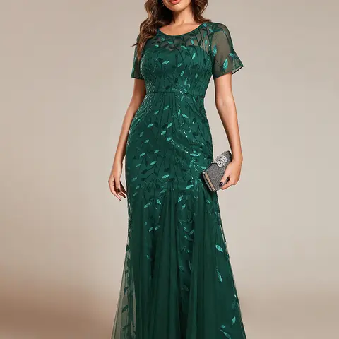 EVER PRETTY Women's Elegant Retro Chic Formal Dress EE07708 - Fitted Style, Shimmery Floral Sequins Tulle Fabric, Sheer Crewneck, Short Sleeve, Zipper, Fishtail Hem, Recycled Polyester, Dry Clean, Embroidery, All Seasons Evening Look Dresses for Women