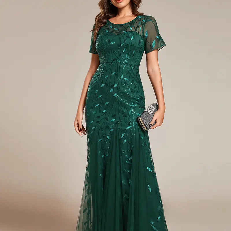 EVER PRETTY Women's Elegant Retro Chic Formal Dress EE07708 - Fitted Style, Shimmery Floral Sequins Tulle Fabric, Sheer Crewneck, Short Sleeve, Zipper, Fishtail Hem, Recycled Polyester, Dry Clean, Embroidery, All Seasons Evening Look Dresses for Women