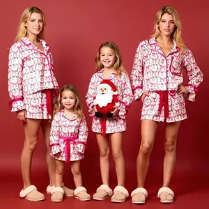 Womens Christmas Pajamas 2 Piece Bow Pajama Set  Silk Satin Sleepwear Holiday Matching Pjs Funny Short Sleeve Button Nightwear Set Perfect for Family Photos & Holiday Celebrations