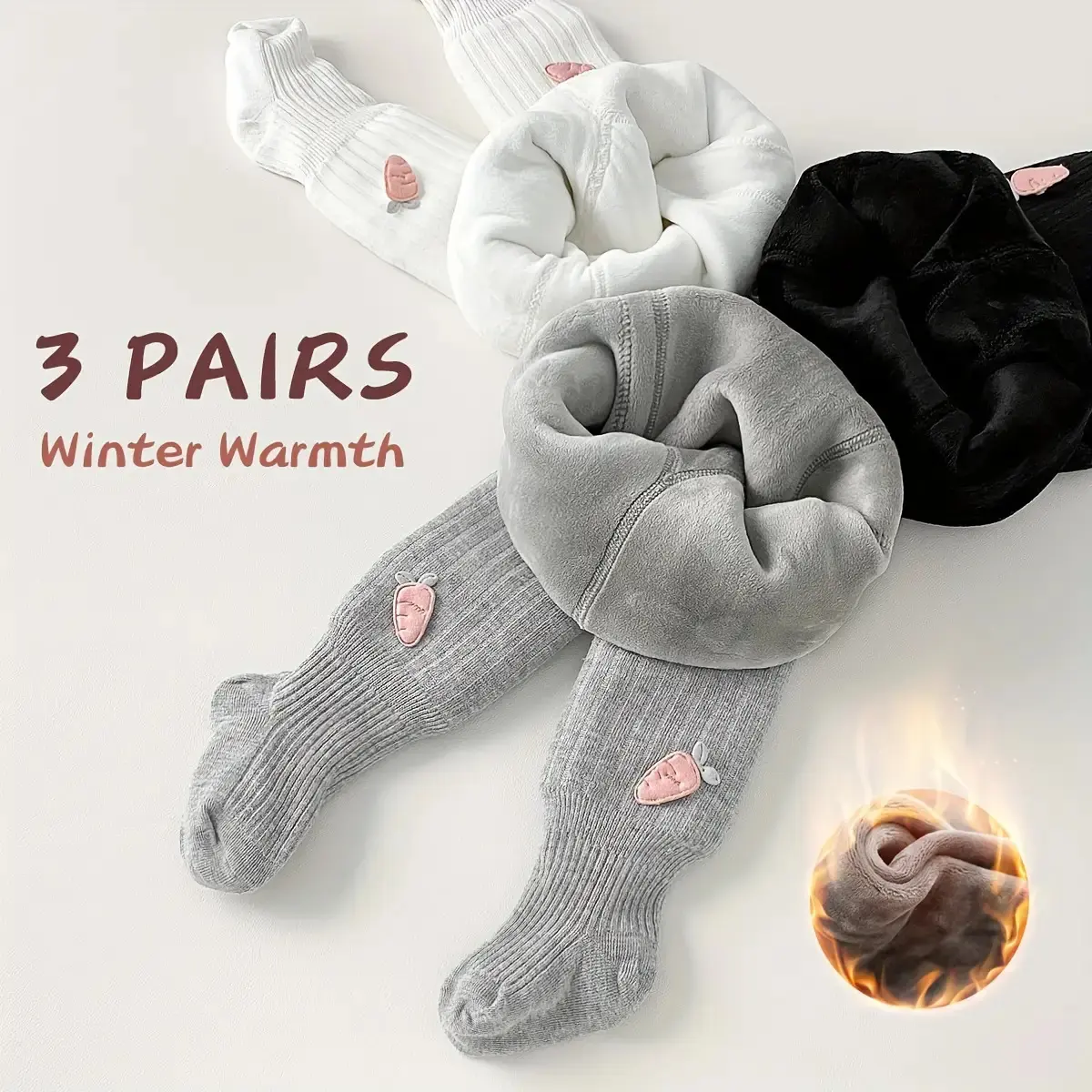 Girls' 3-Pack Fleece-Lined Winter Thermal Tights - Thick, Warm Solid Color, Cute Heart Accents, Pearl Details, Comfortable Fit, Hand Wash Only, Outdoor Clothes, Full Length, Safe Materials