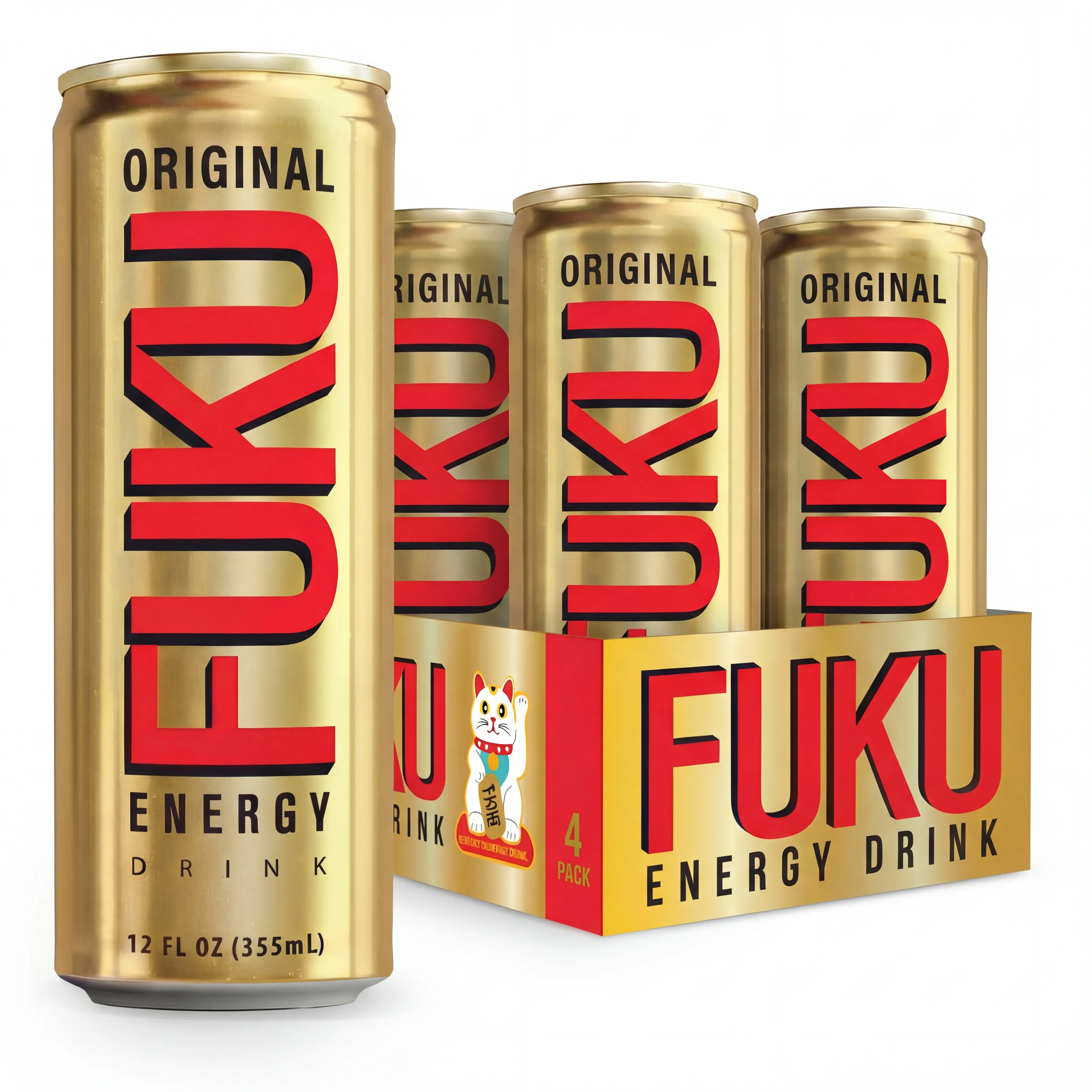 FUKU Energy Original Sports Energy Beverage 4-Pack - 116mg Clean Caffeine, B Vitamins, Low Sugar, Crisp Refreshing Bold Flavor