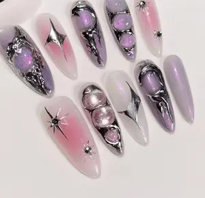 Galaxy-Inspired Chrome Nails – Shimmery Pink & Purple Ombre with Metallic 3D Orbs, Cosmic Starbursts, and Futuristic Silver Accents