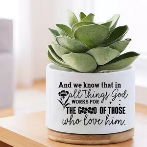 "God Works For The Good" Religious Ceramic Succulent Planter with Bamboo Tray - Aesthetic Faith White Mini Pot with Floral Design - Christian Decorative Flower Pot for Shelf & Tabletop