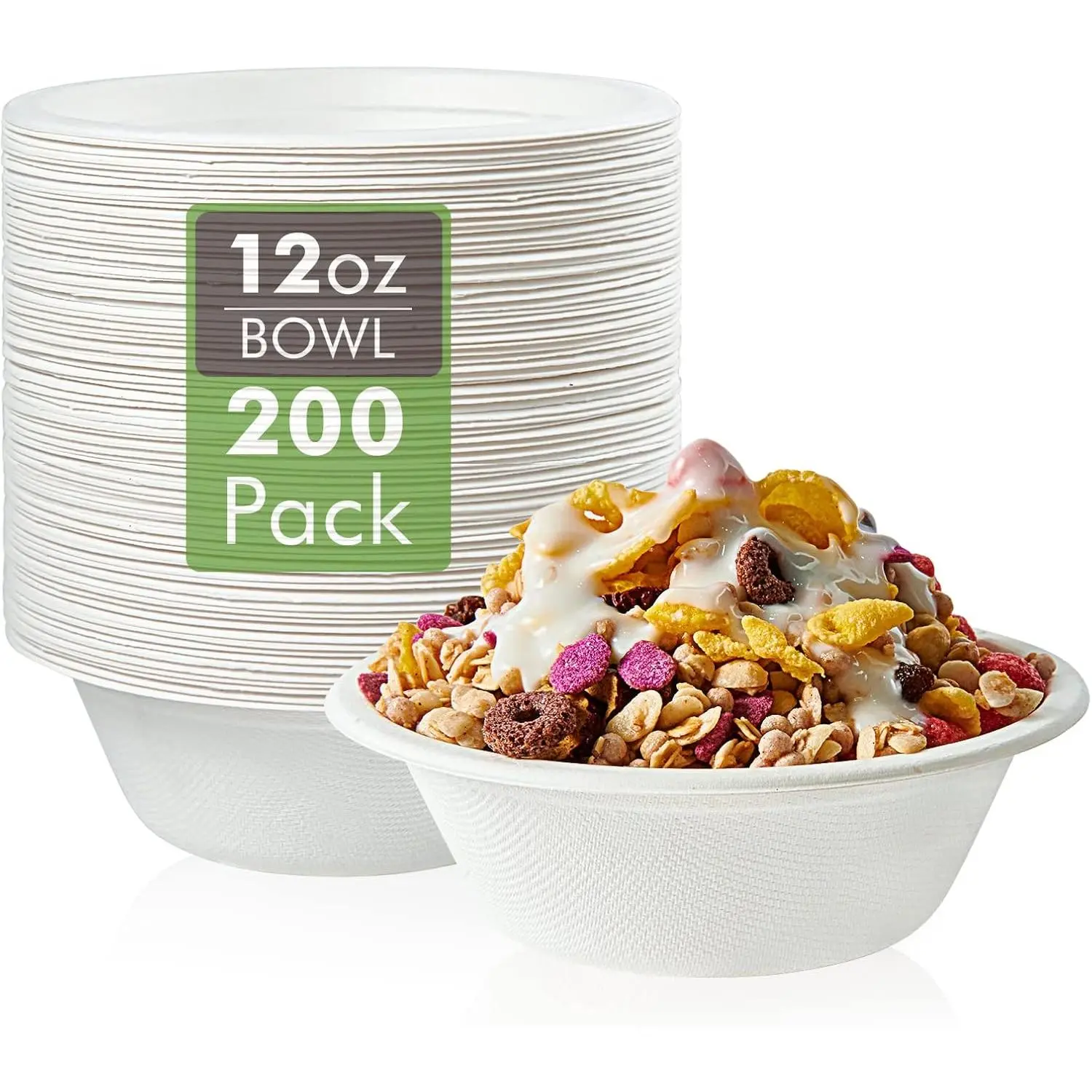 200 Pack 12 OZ Paper , Disposable Compostable  Bulk,  Bagasse , Heavy-duty   for Milk Cereals, Snacks, Salads