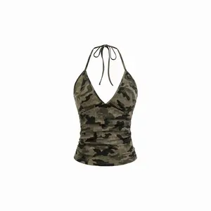 Cider Cotton-blend Camo Print Halter V-neck Ruche Cami Top