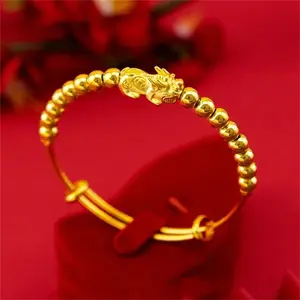 Stainless Steel 6mm Beaded Pixiu Cuff Bangle Bracelet Adjustable Wristband Pulsera Vintage Jewelry Accessories Party Gifts