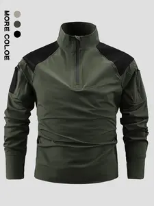 Men's Tactical Outdoor Long Sleeve T-Shirt, Stand Collar Multi-Pocket Breathable Durable Quick-Dry Elastic Fabric, Ideal for Hiking Hunting Camping Fishing, Athletic Training Apparel