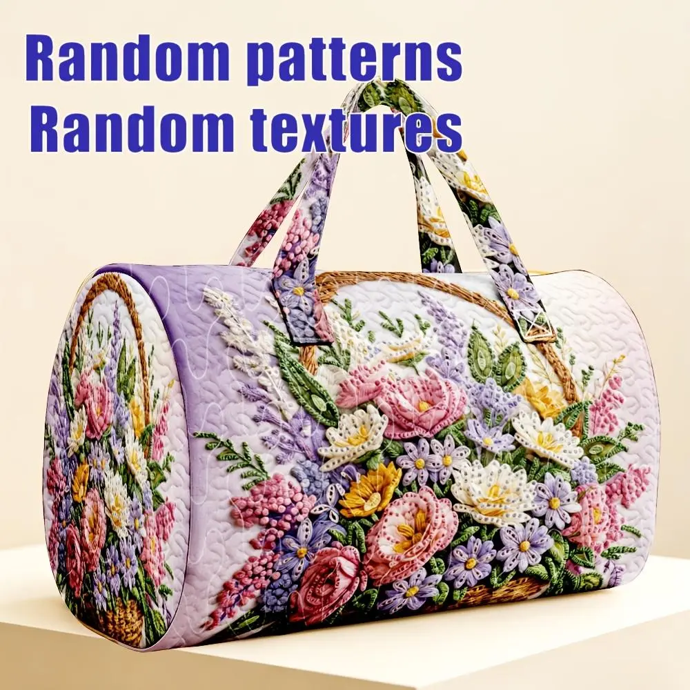 1pc Purple Pink Gradient Rose Lavender Flower Basket Quilted Cylinder Travel Handbag, Romantic Vintage Style Women'S Halloween Thanksgiving Christmas Random Print Gift