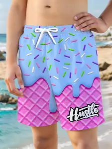 Boys' Ice Cream Waffle Beach Shorts, Elastic Waist Comfortable Swim Trunks, Casual Vacation Kids Clothing, All over Print Fitted Style