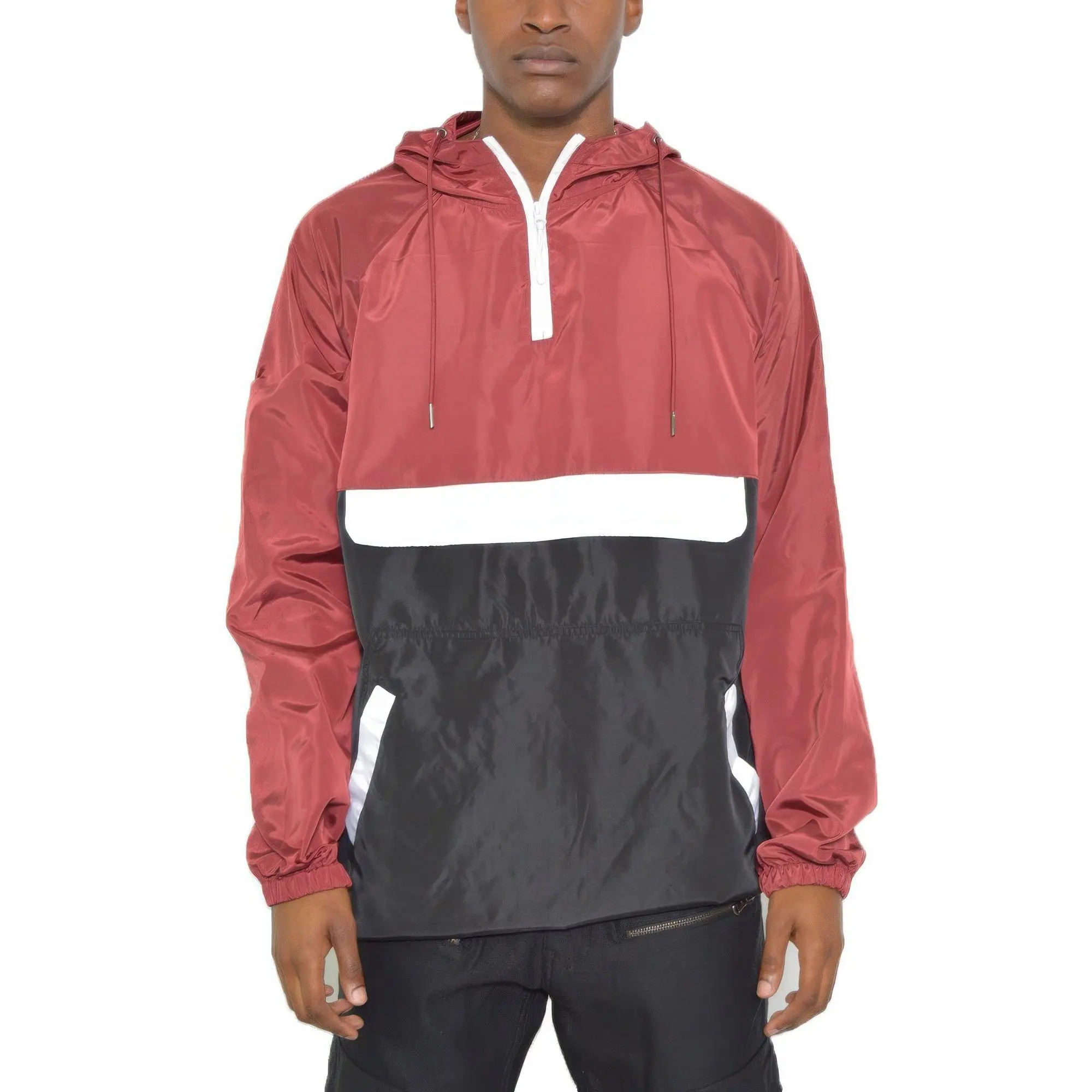 Men's Polyester Color Block Quarter-Zip Regular Fit Anorak Pullover Windbreaker, Casual Activewear Coat
