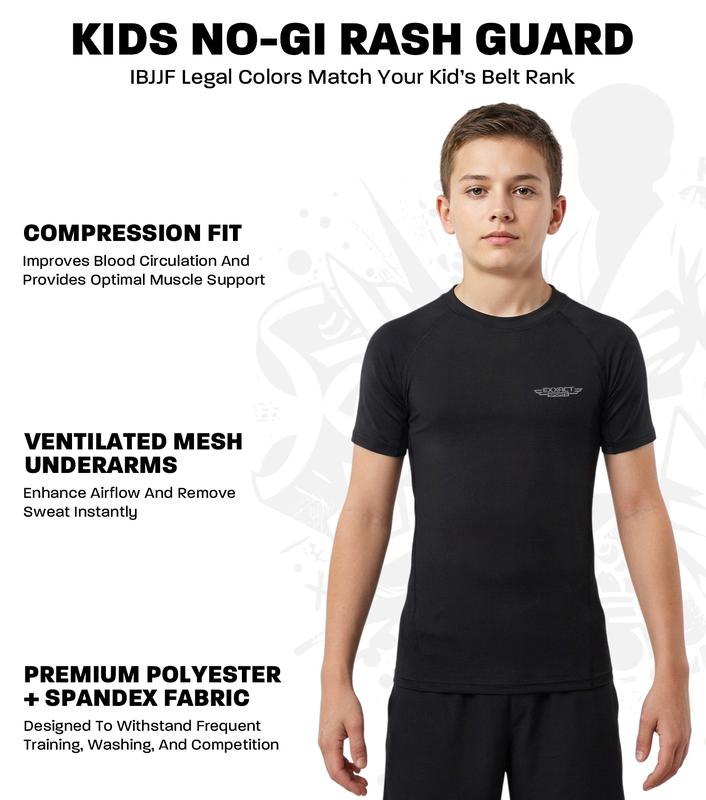 Exxact Sports Kids BJJ Rash Guard Short Sleeve, Ranked No Gi Jiu Jitsu Compression Shirt for Boys & Girls for MMA, Wrestling - (Black) Activewear