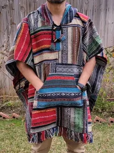 Namaste Multicolor Rectangular Shaped Aztec Styled Handmade Beautifully Hippie Comfy One Sized Cozy Poncho Winter Unisex Cotton Pullover.