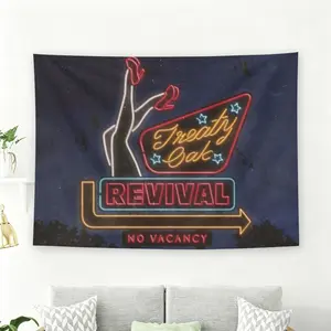 Treaty Oak Revival Neon Sign Style Wall Flag, Retro Western Themed Tapestry, "No Vacancy" Grunge Aesthetic Room Decor