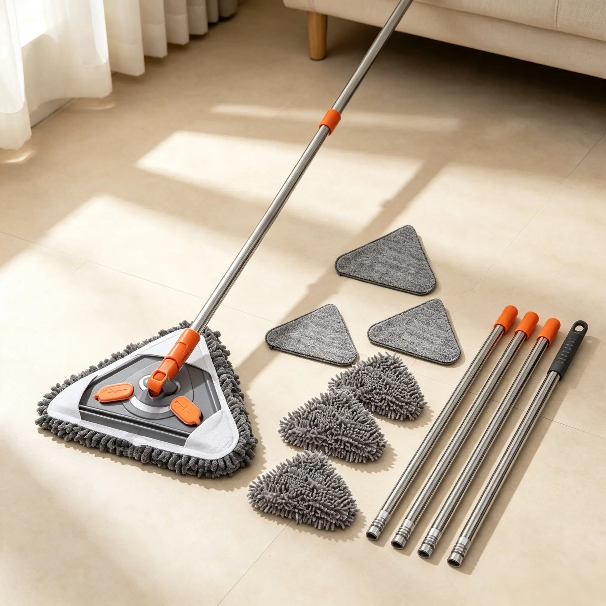 Multi-functional rotating triangular mop set, long handle extendable wall cleaner, capable of cleaning corners and ceilings, reusable and washable mop replacement pad, suitable for household cleaning mops Chenille mopplops general purpose scrub brush