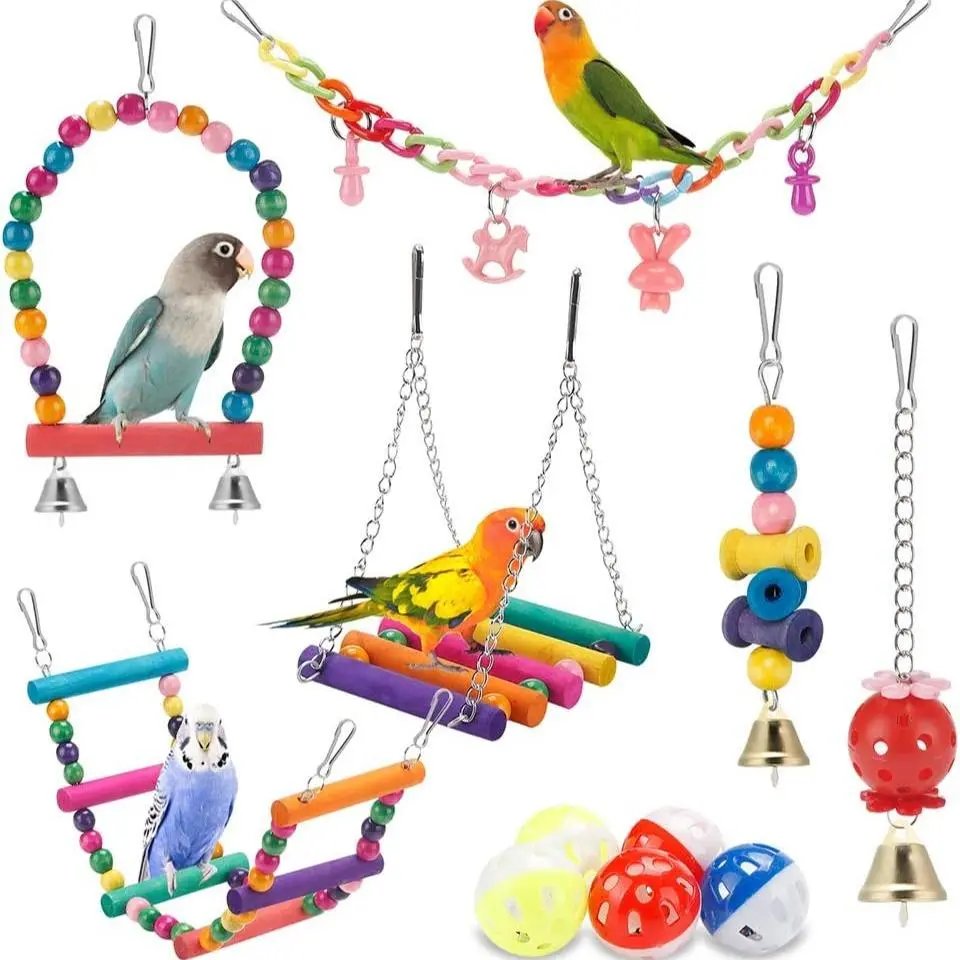 Bird Parrot Toys Set, Swing Hanging Standing Chewing Toy Hammock Ladder Bird Cage Colorful Toys, Suitable for Various Parrots
