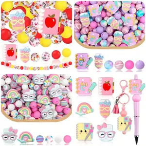 28PCS Silicone Beads Learning Theme 3D Red Apple Notebook Pink Bow Pencil Silicone Shape Loose Beads Pink Notebook Apple Pencil Little Flower Print Series Colorful Round Beads for Jewelry Decoration Beads Accessories Used for Earrings Necklaces Bag Chains