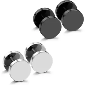 Black Earrings Men Dot Studs Fake Gauges Plugs Earring Stainless Steel Circle Disc Flat Back Cheater Tunnel Dumbbell Earrings Women (18g,2 Pairs,3mm-14mm,Black and Sier)