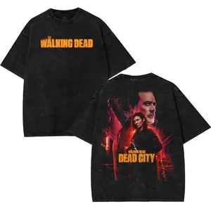 The Walking Dead : Dead City Edition Double Printed Oversize Lightweight Acid Washed Tee TV series Vintage Graphic Design Top Cotton Comic Movie Classic Streetwear T-Shirt Clothes Menswear Womenswear.