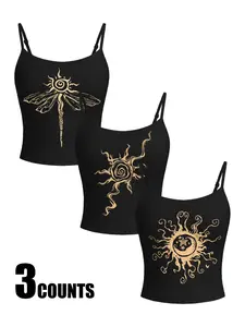 Women's Slim Fit Sleeveless Tank Top 3 Pack, Vintage Sun Totem Print, Adjustable Straps, Perfect All Season Versatile Piece, Casual and Gym Wear