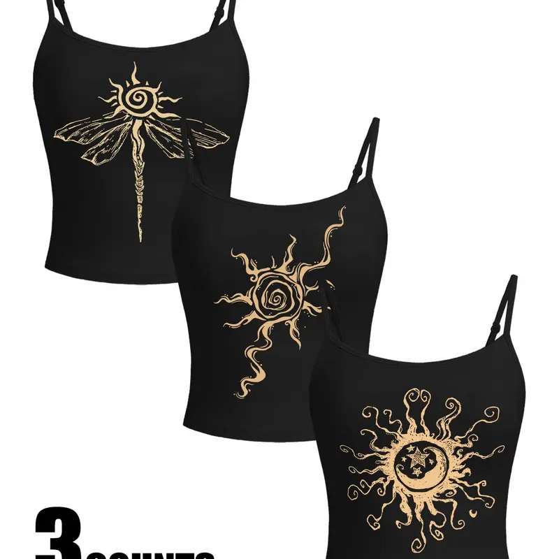 Women's Slim-Fit Sleeveless Tank Tops 3-Pack, Vintage Sun Totem & Embroidered Flower Print, Adjustable Straps, All-Season Fashion, Daily & Workout Wear
