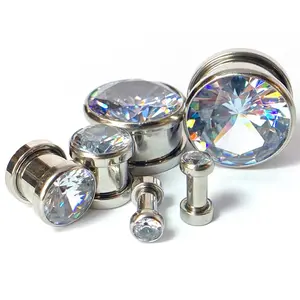 PAIR Large Gem Screw Fit Tunnels Ear Plugs Gauges Pierced Piercing Body Jewelry