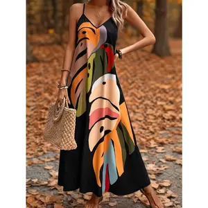 [Tropical Leaf Maxi Dress] Women's Tropical Leaf Print Sleeveless Maxi Dress - Vibrant & Loose Fit Summer Dress with Thin Straps, Machine Washable for Beach Vacations & Casual Outings, Warm Weather Clothing|   Flowing Maxi Dress|   Lightweight Fabric,