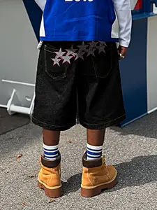 Men's Loose Fit Denim Shorts with Star Embroidery, Street Vintage Fashion Wide Leg Jeans, Gothic Style Casual Summer Pants