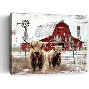 Red Highland Cow Windmill, Antique Barn Wall Decoration, Rustic Farmhouse Prints, Framed Canvas Paintings with Quotes for Living Room